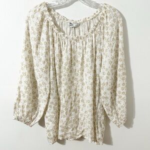 Sonoma Cream and Tan Floral Peasant Blouse Elastic at Sleeves and Round Neckline